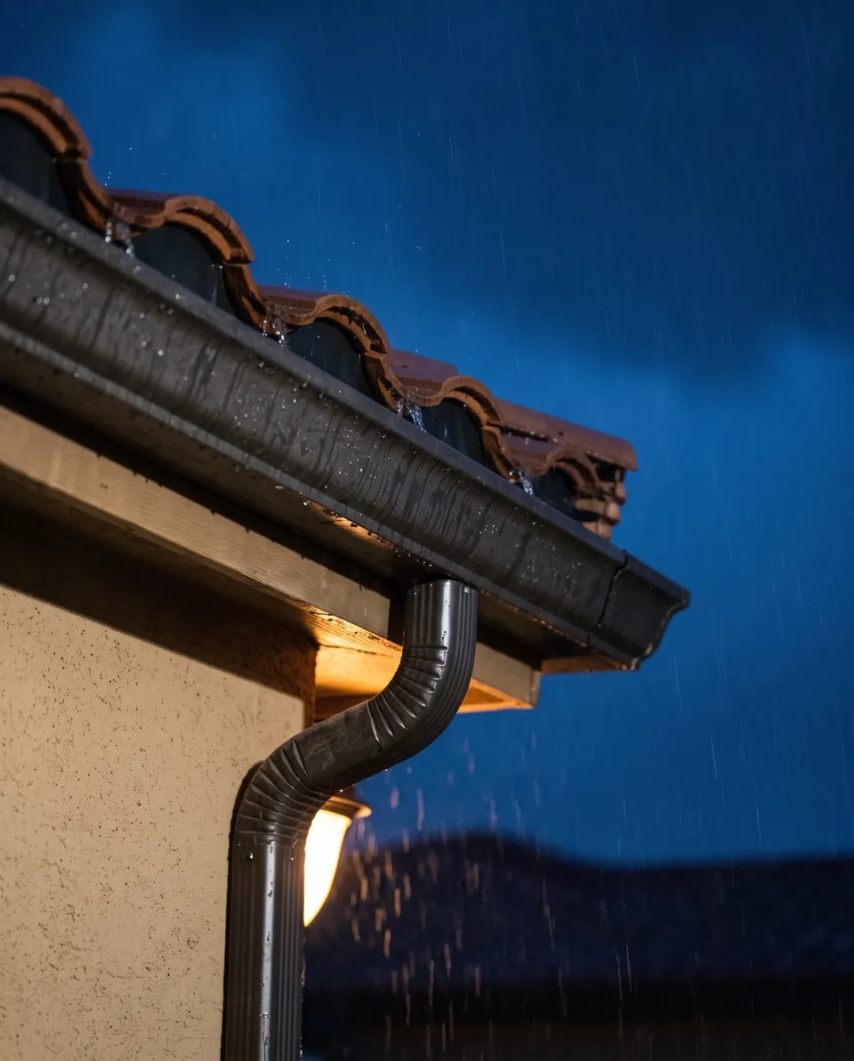 A 6-inch seamless dark bronze aluminum gutter on a tile roof carrying rain into a downspout