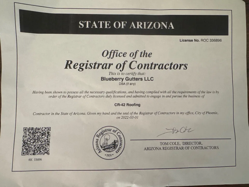 Arizona Registrar of Contractors certificate for Blueberry Gutters LLC, CR-42 Roofing, ROC 336896