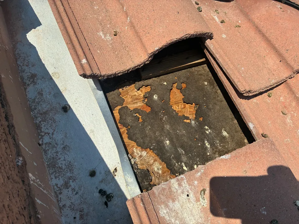 A rusted scupper box on a tile roof parapet, the kind of roof-edge drainage failure a CR-42 licensed contractor can correct
