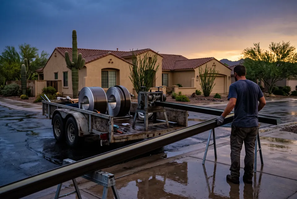 Seamless gutter roll-forming machine on the trailer in a Phoenix driveway