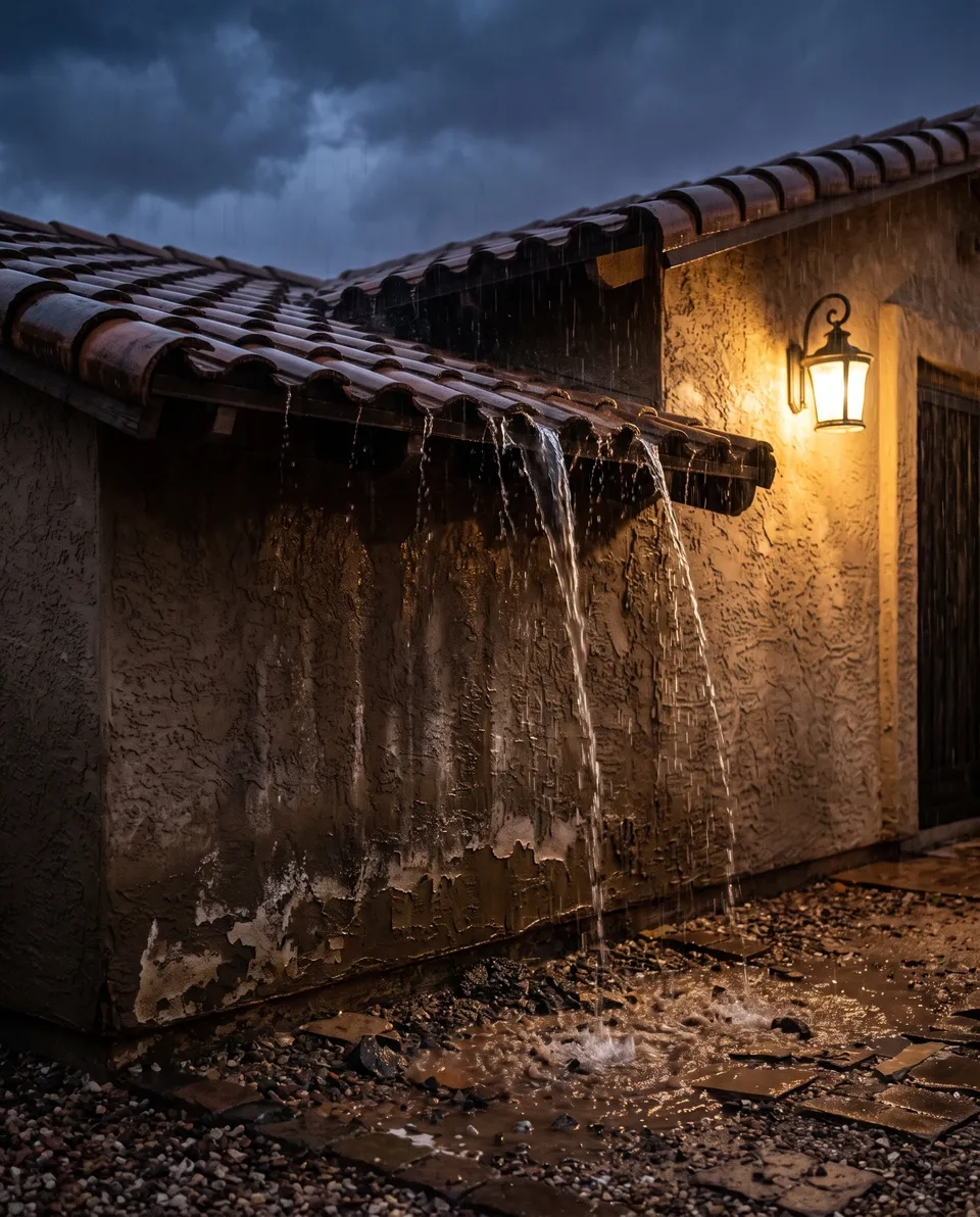 Rain pouring off a bare tile roof edge onto a stained stucco wall during a Phoenix monsoon